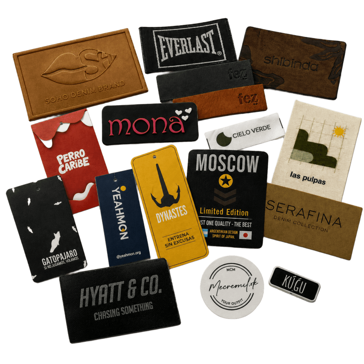 Conjunto de etiquetas y avíos de los 5 productos de Avíos Estilo sobre fondo textil